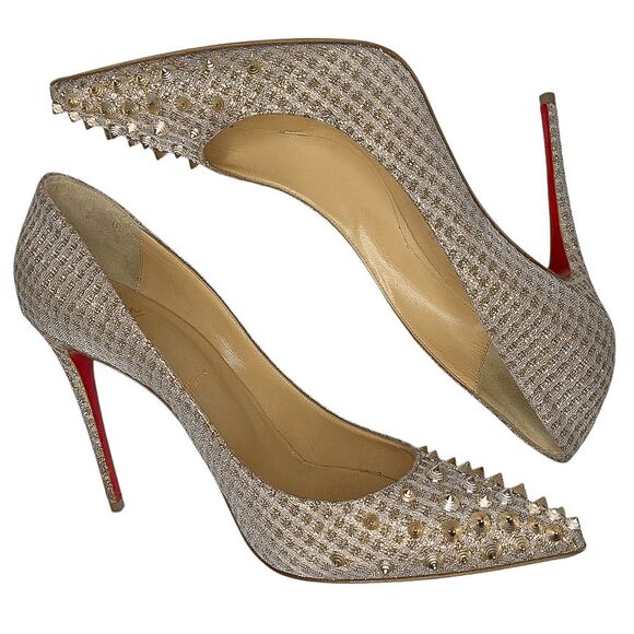 Christian Louboutin Spikyshell 100 Pumps Nude Gold Lurex High Heels Size 39.5 - Picture 6 of 11